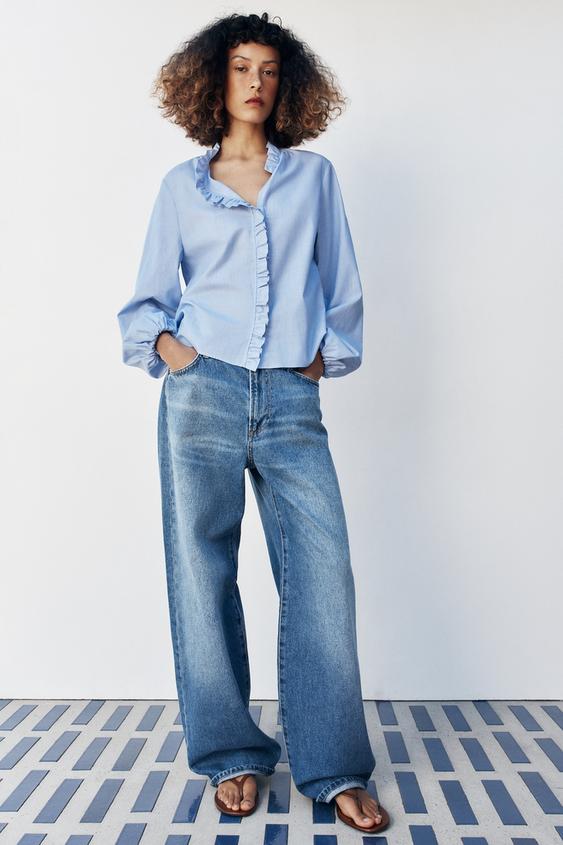 BLUSA RAYAS VOLANTES ELÁSTICOS - Azul / Blanco de Zara - Imagen 0