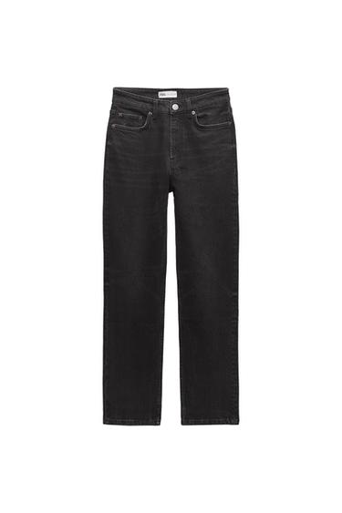 Black straight-cut denim jeans on a white background. They have pockets, a button, and belt loops. Internal label with the text ZARA.