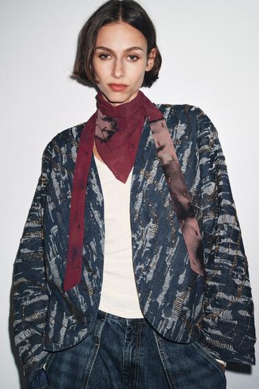 BEADED DENIM-EFFECT QUILTED KIMONO - Blue by Zara - Image 4