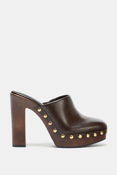 STUDDED HIGH HEEL CLOGS - Chocolate Brown by Zara