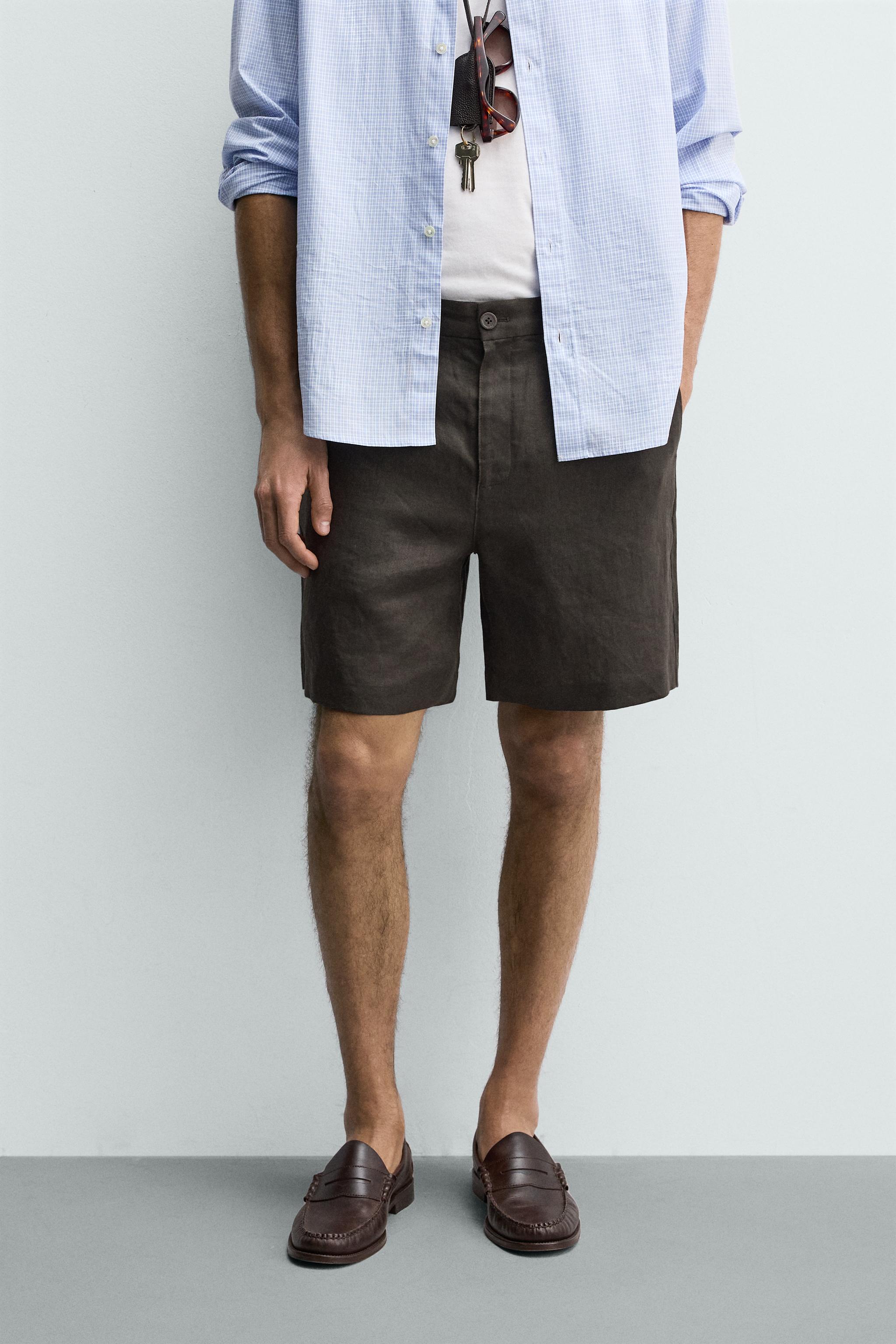 100% LINEN REGULAR FIT BERMUDA SHORTS — Brown