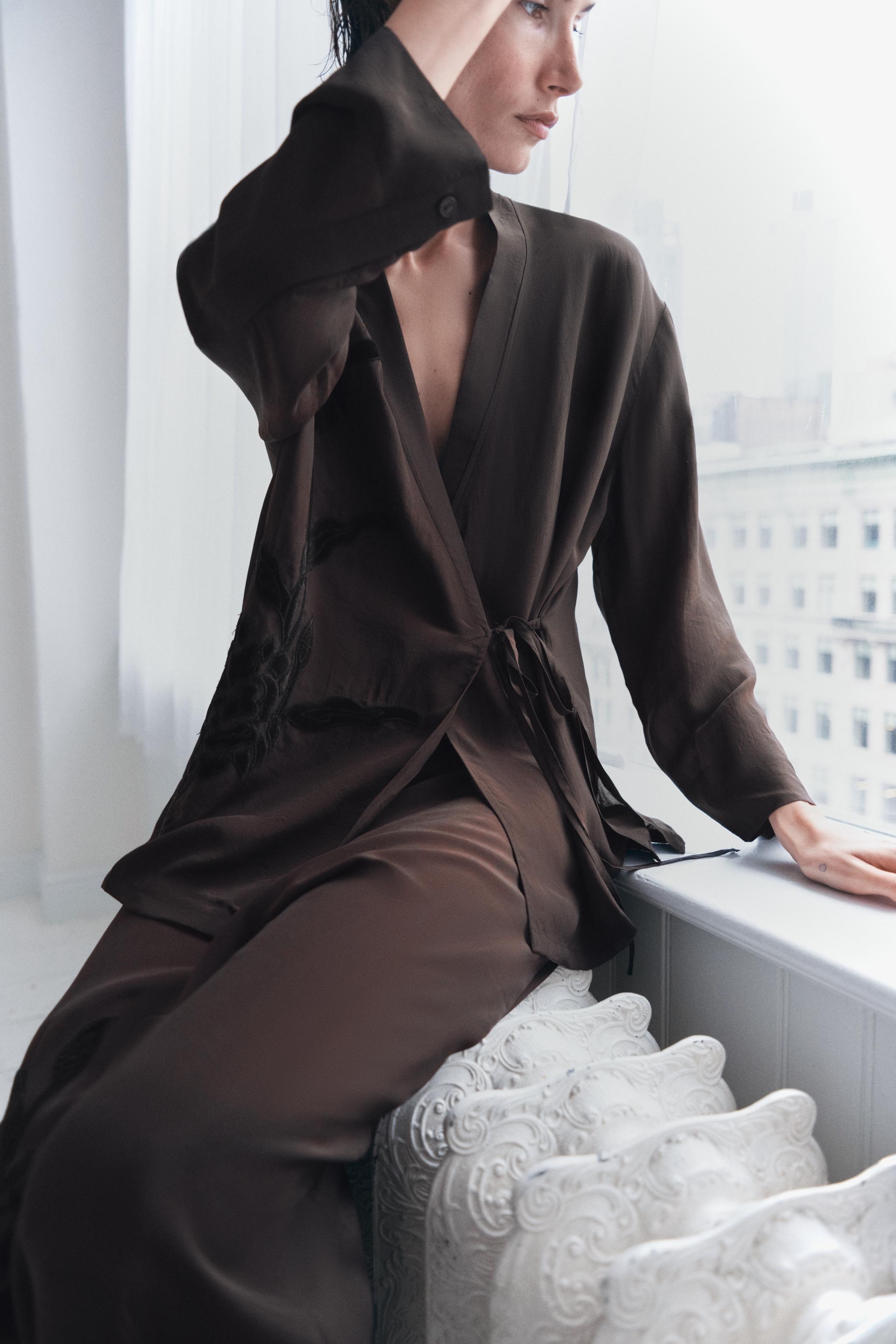 VELVET EMBROIDERY WRAP BLOUSE