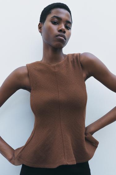 TEXTURED PEPLUM TOP - Brown by Zara - Image 0