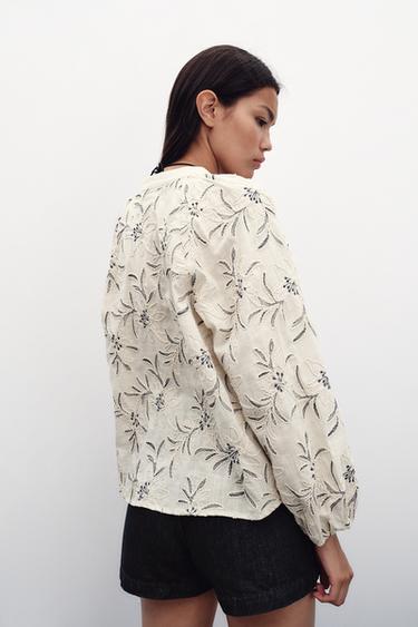 RUSTIC TEXTURED EMBROIDERED BLOUSE - Ecru / Blue by Zara - Image 4