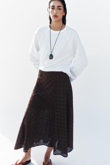 MIDI SKIRT WITH CUTWORK EMBROIDERY - Brown by Zara