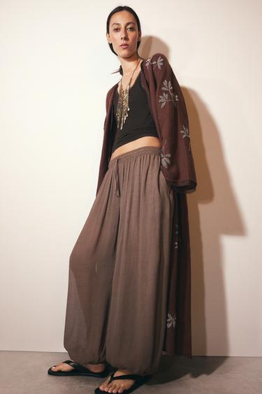 Zara ZW COLLECTION COTTON GAUZE PANTS - Brown