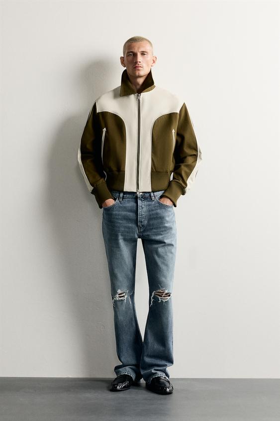 Zara CONTRAST FAUX LEATHER JACKET - Ecru / Khaki - Image 0