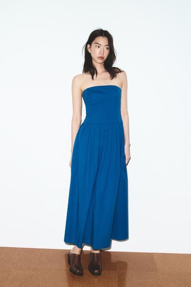 VESTIDO MIDI PALABRA DE HONOR POPELÍN - Azul lavado de Zara - Imagen 0