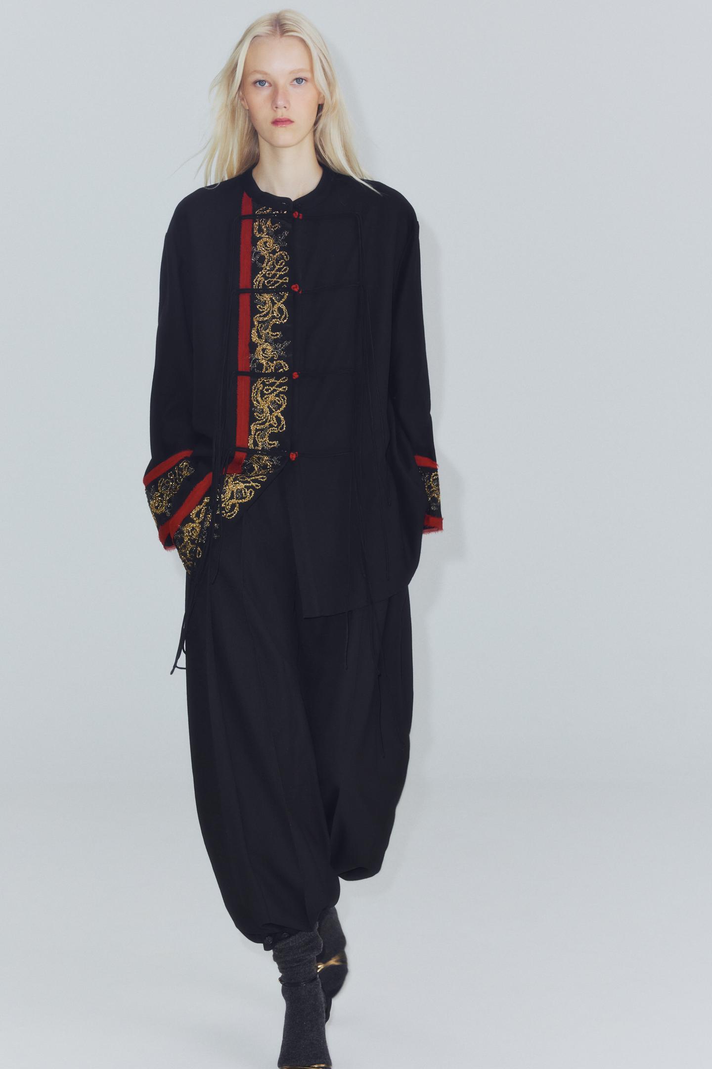 Женская рубашка Zara ZW Collection Long Mixed Embroidered Beaded, цвет: Чёрный — фото 3