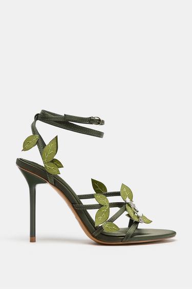 SANDALIA TACÓN FLORES - Verde de Zara