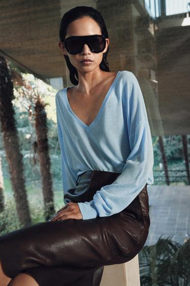 FINE KNIT V-NECK JUMPER - Pastel blue by Zara - Image 3