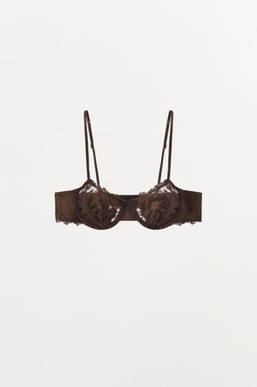 SATIN EMBROIDERED LACE BRA - Brown by Zara