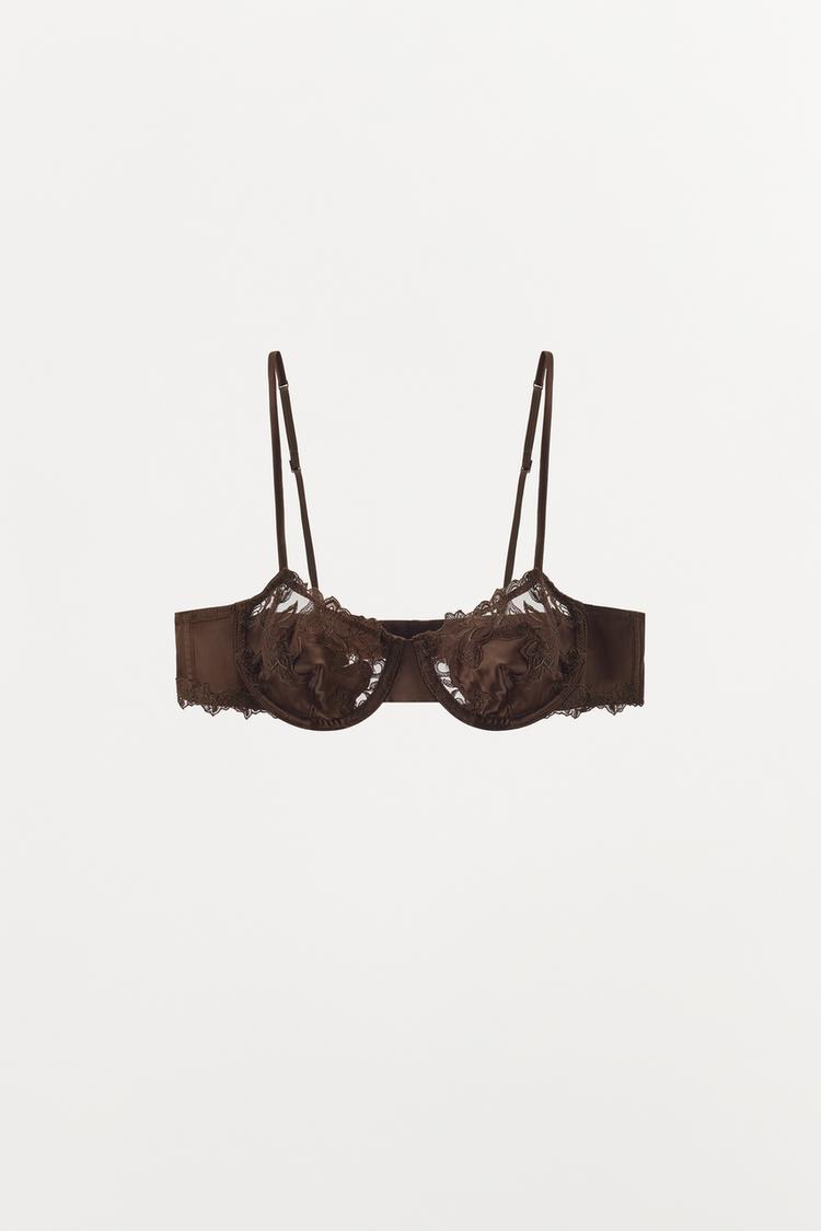 SATIN EMBROIDERED LACE BRA Brown ZARA United Kingdom