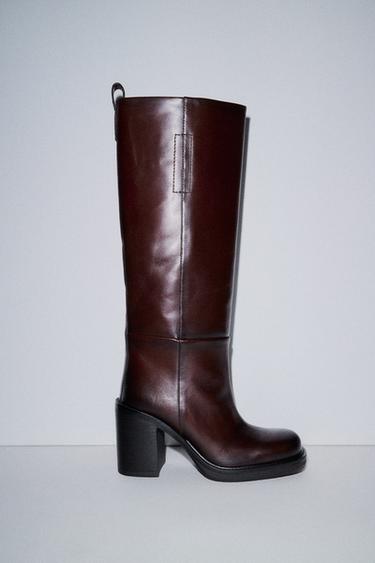 Zara WIDE HEEL LEATHER ANKLE BOOTS - Burgundy Red