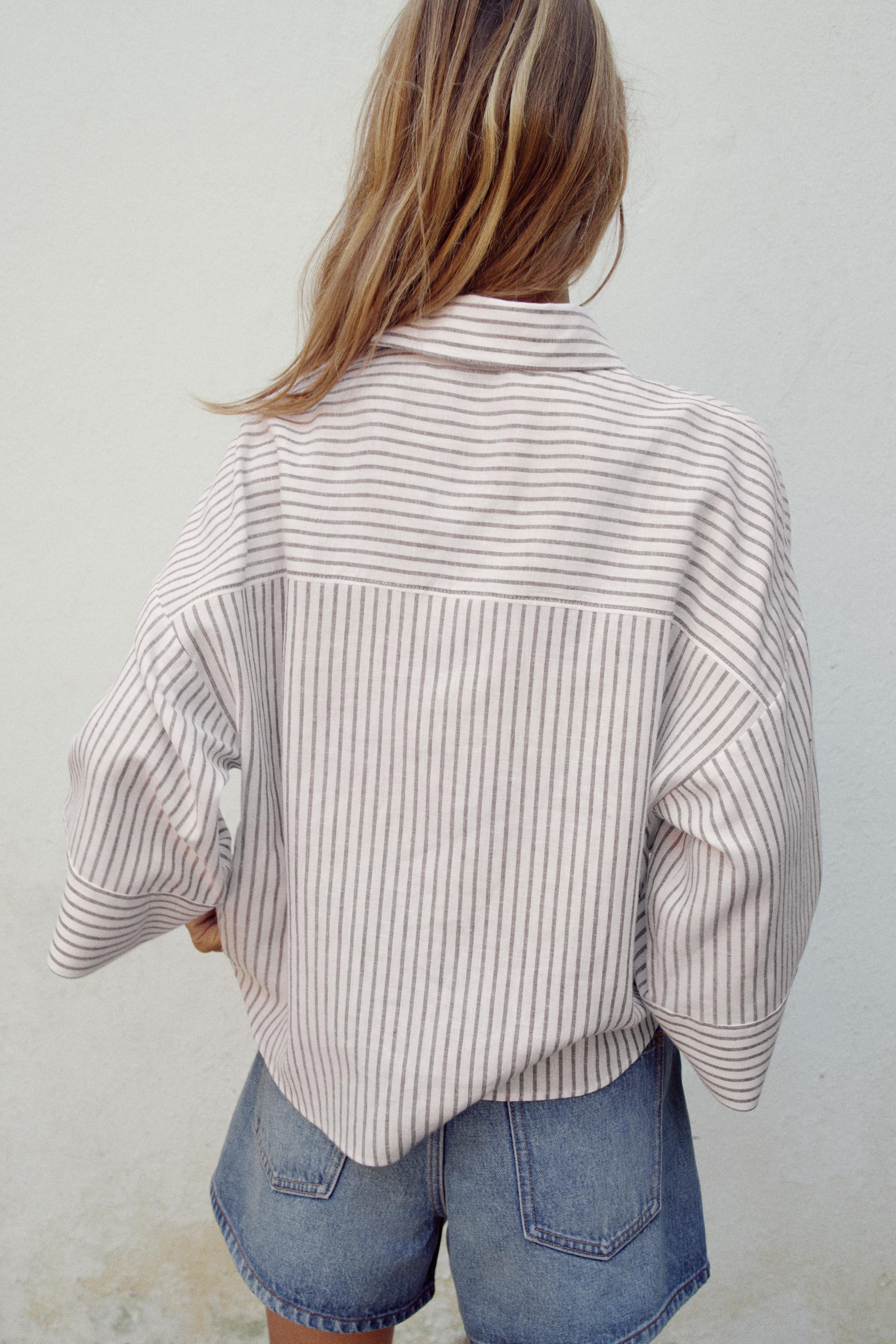 Zara KETEN KARIŞIMLI ÇİZGİLİ GÖMLEK görsel 4