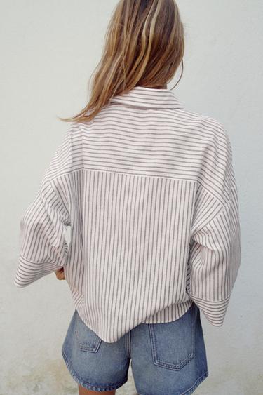 STRIPED LINEN BLEND SHIRT - brown/white by Zara - Image 3