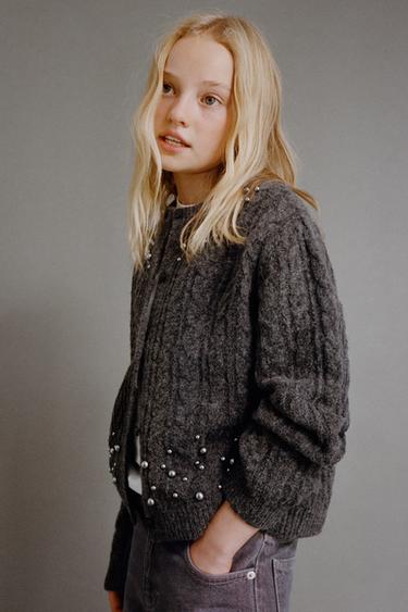 CABLE-KNIT CARDIGAN WITH FAUX PEARLS - Anthracite grey by Zara