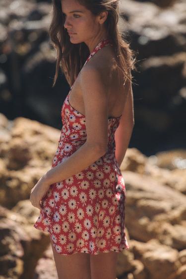 ROBE COURTE À ENCOLURE AMÉRICAINE ET FLEURS - Rouge de Zara - Image 4