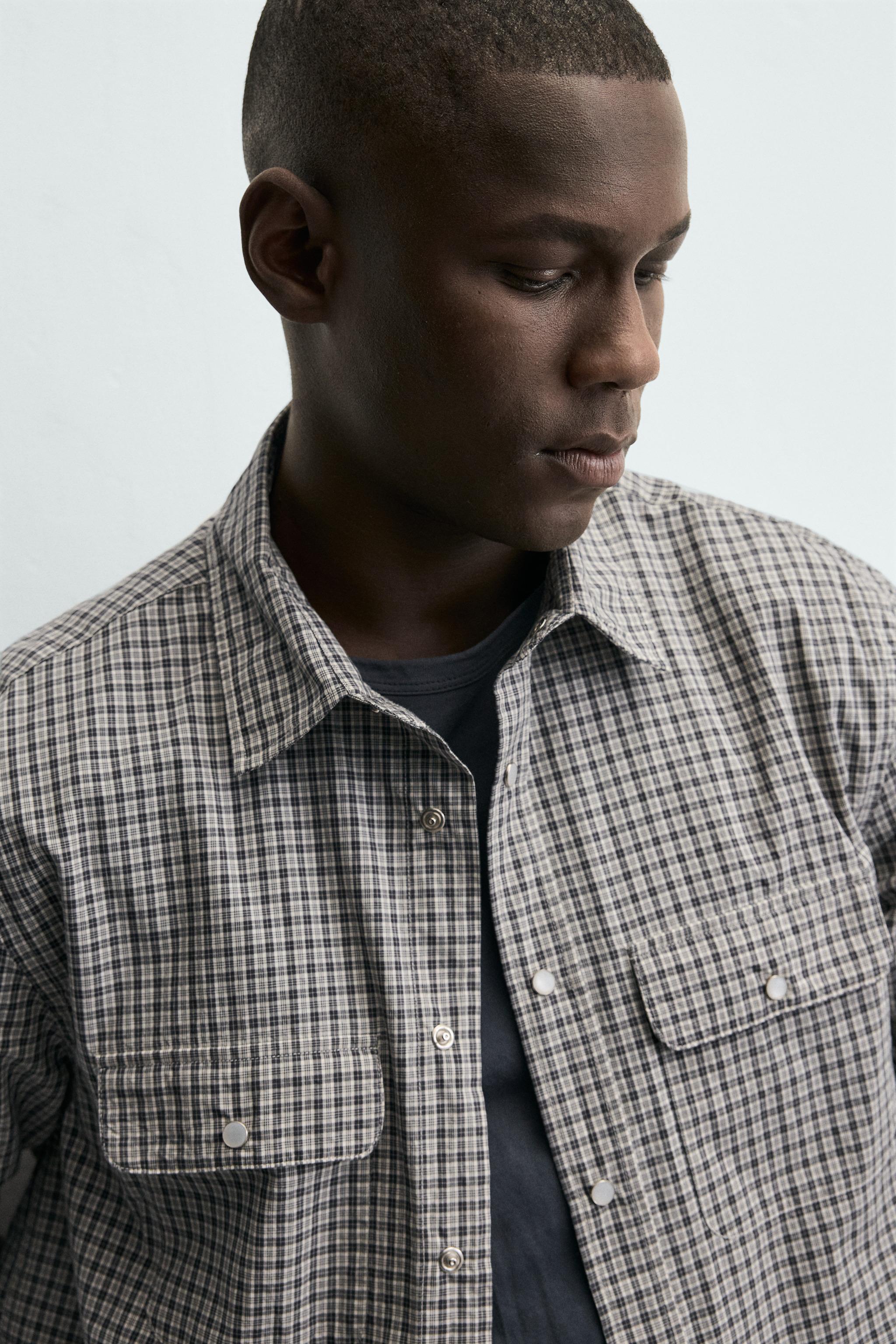 CHECK SHIRT WITH POCKETS - Grey / Tan | ZARA India