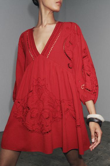 Zara ZW COLLECTION SHORT EMBROIDERED DRESS - Red