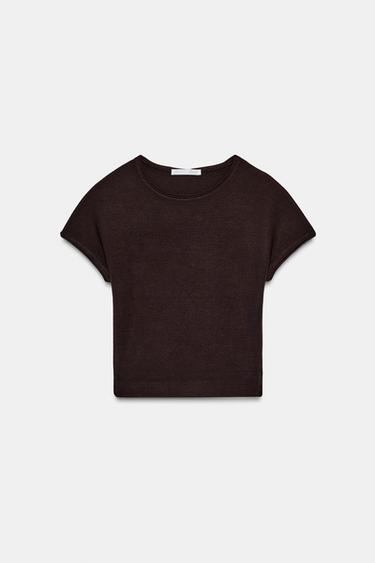 Zara CROPPED SHORT SLEEVE T-SHIRT - Brown