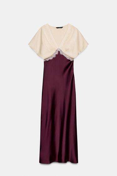 ROBE MIDI SATINÉE AVEC DENTELLE COMBINÉE - Bordeaux de Zara - Image 4