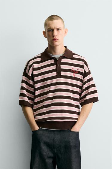 JACQUARD STRIPED KNIT POLO SHIRT - Chocolate by Zara
