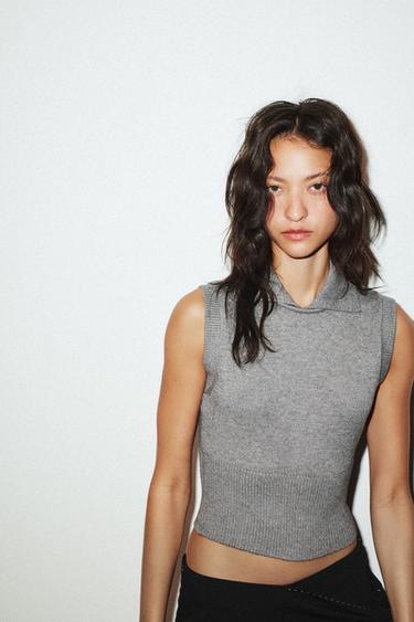 TOP GILET EN MAILLE COL POLO - Gris clair de Zara - Image 4