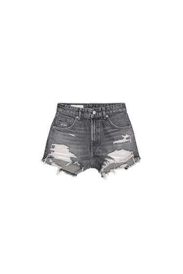 Zara CURVED HIGH-WAISTED DENIM SHORTS - Light gray - Image 0
