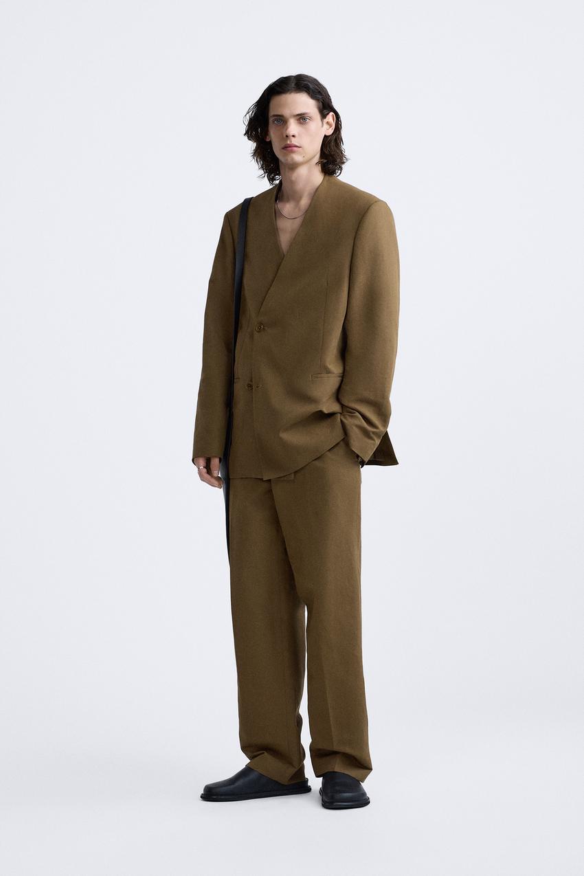 Zara High-Waist Striped Professional Masculine Work Pants Taupe Size Medium  NEW