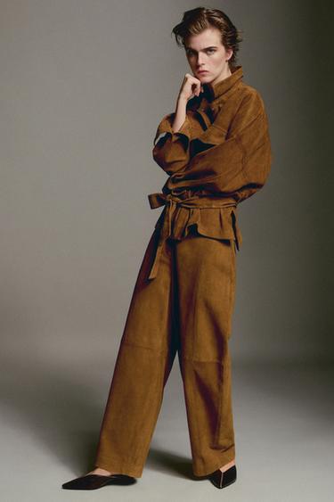Veste en cuir effet daim - Camel foncé de Zara