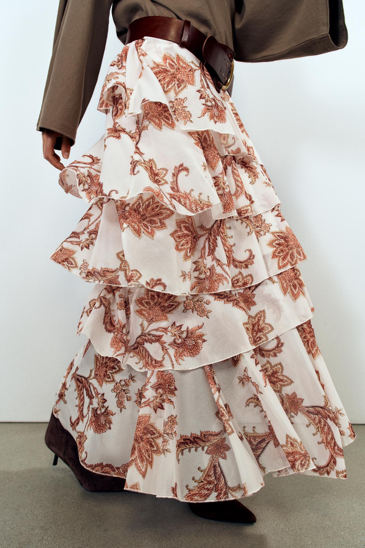PRINTED RUFFLE SKIRT — Tans