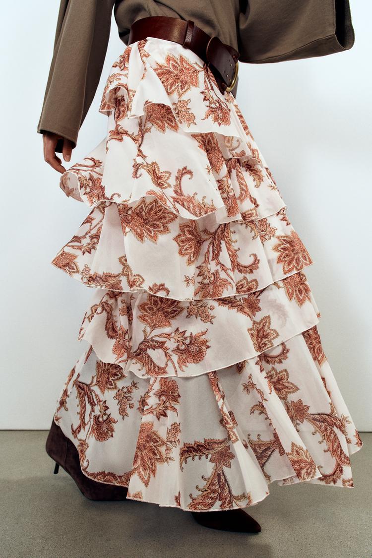 PRINTED RUFFLE SKIRT — Tans