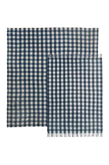 CHECK AND FRINGE BLANKET - Blue by Zara