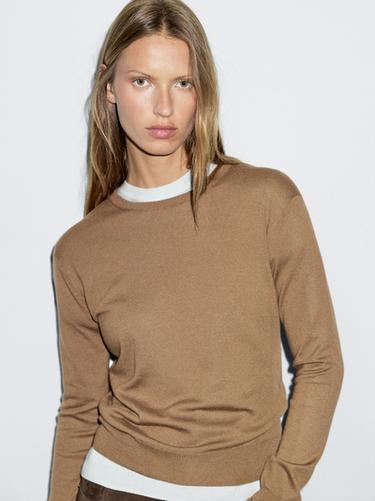 Zara Wool blend knit sweater with crew neck - Caramel