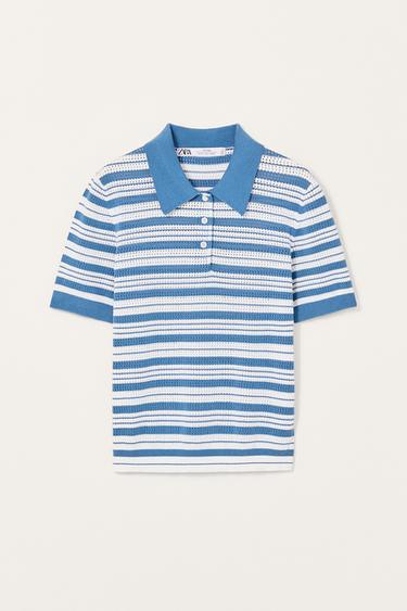 Zara LIMITED EDITION STRIPED KNIT SWEATER - Blue / White