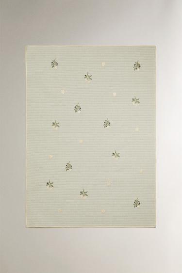 EMBROIDERED COTTON TEA TOWEL - GREENISH by Zara - Image 1