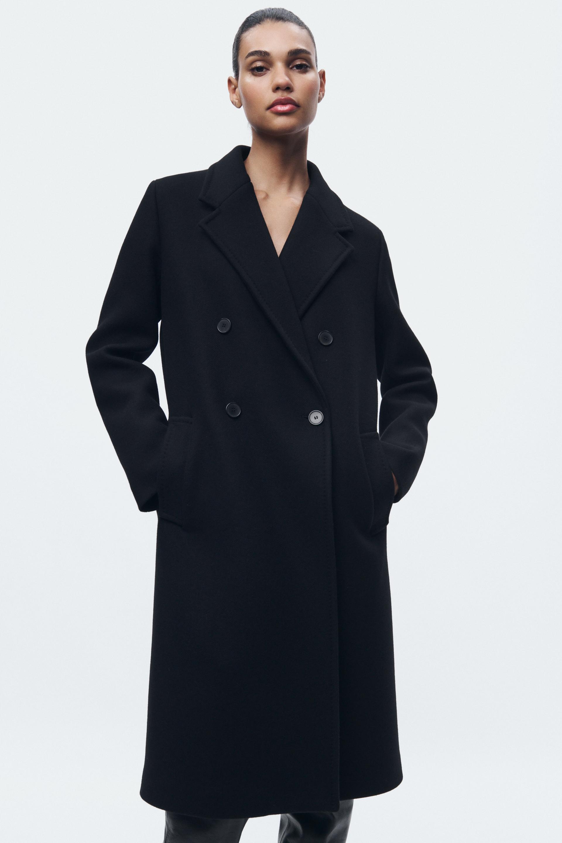 Zara Manteco Women Belted Wool Double Breasted Coat Black 2006/744