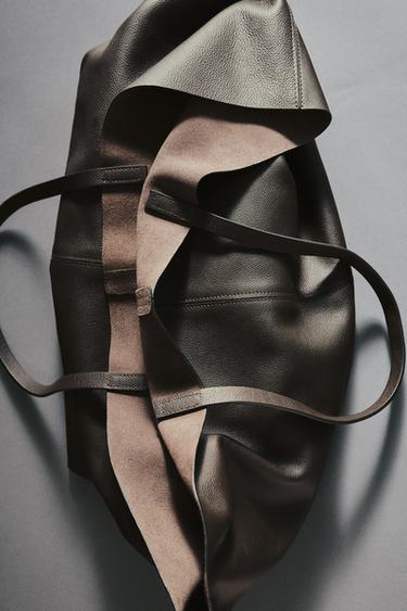 Zara LEATHER MAXI TOTE BAG - Brown