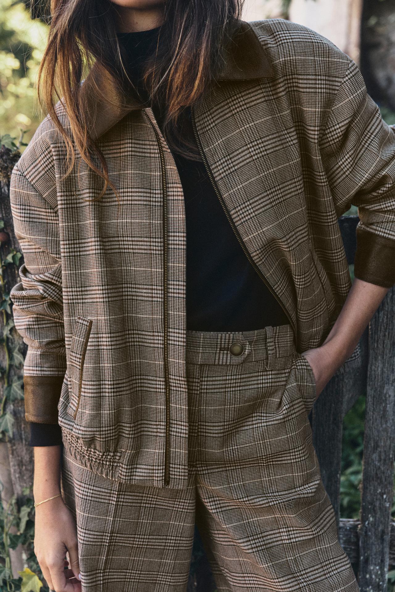 COMBINED CHECKERED BOMBER JACKET — Brown-Blue