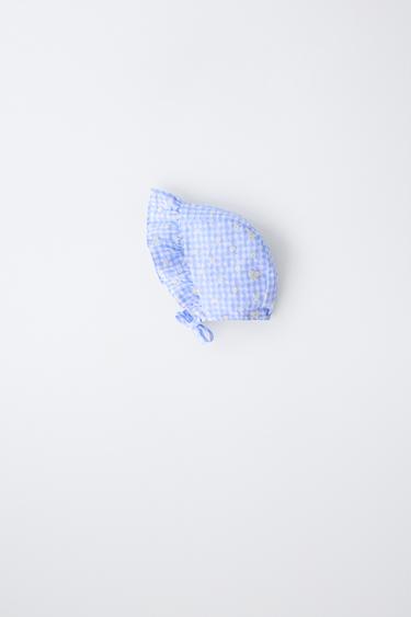 Zara EMBROIDERED DAISY GINGHAM BONNET - Blue - Image 0