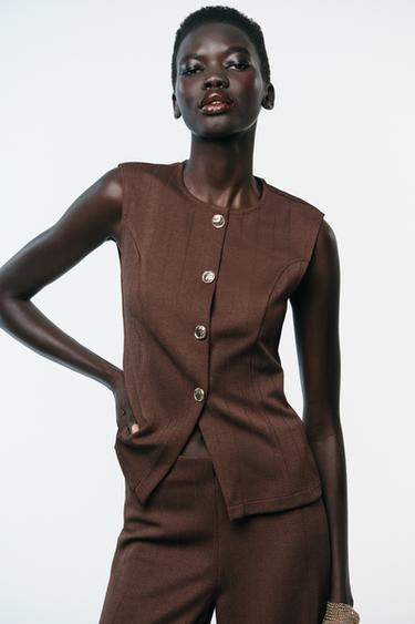 BUTTONED TWILL WAISTCOAT TOP - Brown by Zara