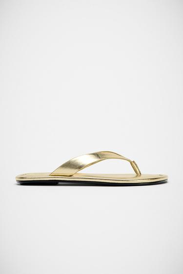 FLAT LEATHER SANDALS - Gold by Zara