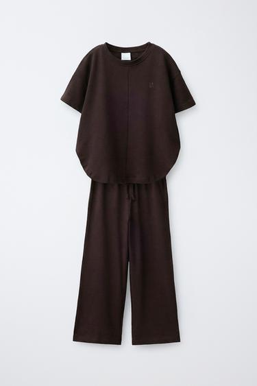 طقم تيشرت وبنطلون WIDE LEG سادة - بني الخاص بـ Zara