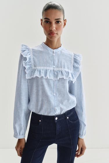 CAMISA LISTRADA COM BABADOS E FIO METALIZADO - Azul / Branco da Zara