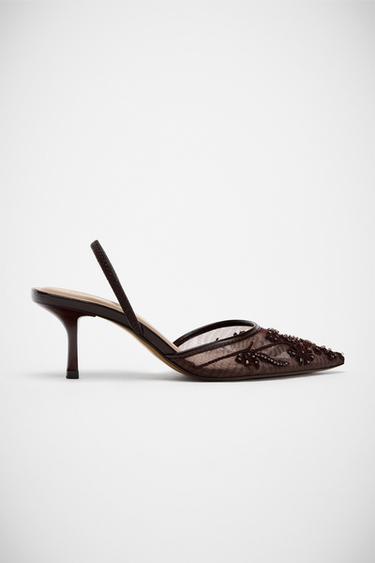 Zara SPARKLY MESH SLINGBACK HEELS - Brown