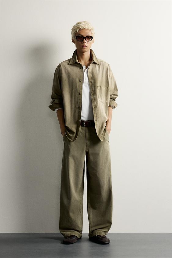 Zara 褪色效果寬管長褲 - 卡其色 - 圖片 0