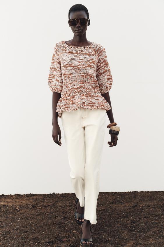 KOMBINOVANÝ ÚPLETOVÝ TOP PEPLUM - SVĚTLE HNĚDÁ / BĺLÁ od Zara - Obrázek 0