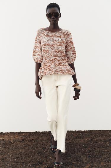 GEBREIDE PEPLUM TOP - CAMEL/WIT van Zara - Afbeelding 0