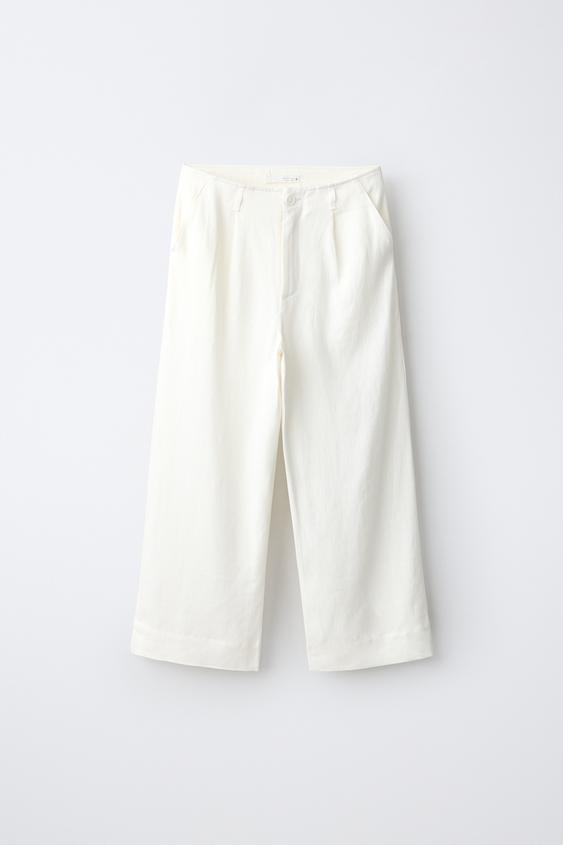 LINEN BLEND WIDE-LEG TROUSERS - Oyster-white by Zara - Image 0